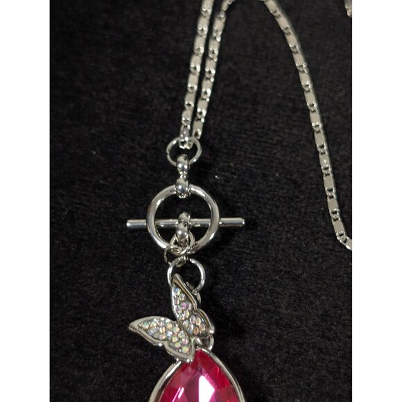 Boho Butterfly Teardrop Pendant AB Crystal Pave Toggle Necklace Silver Tone 18" - Picture 6 of 10